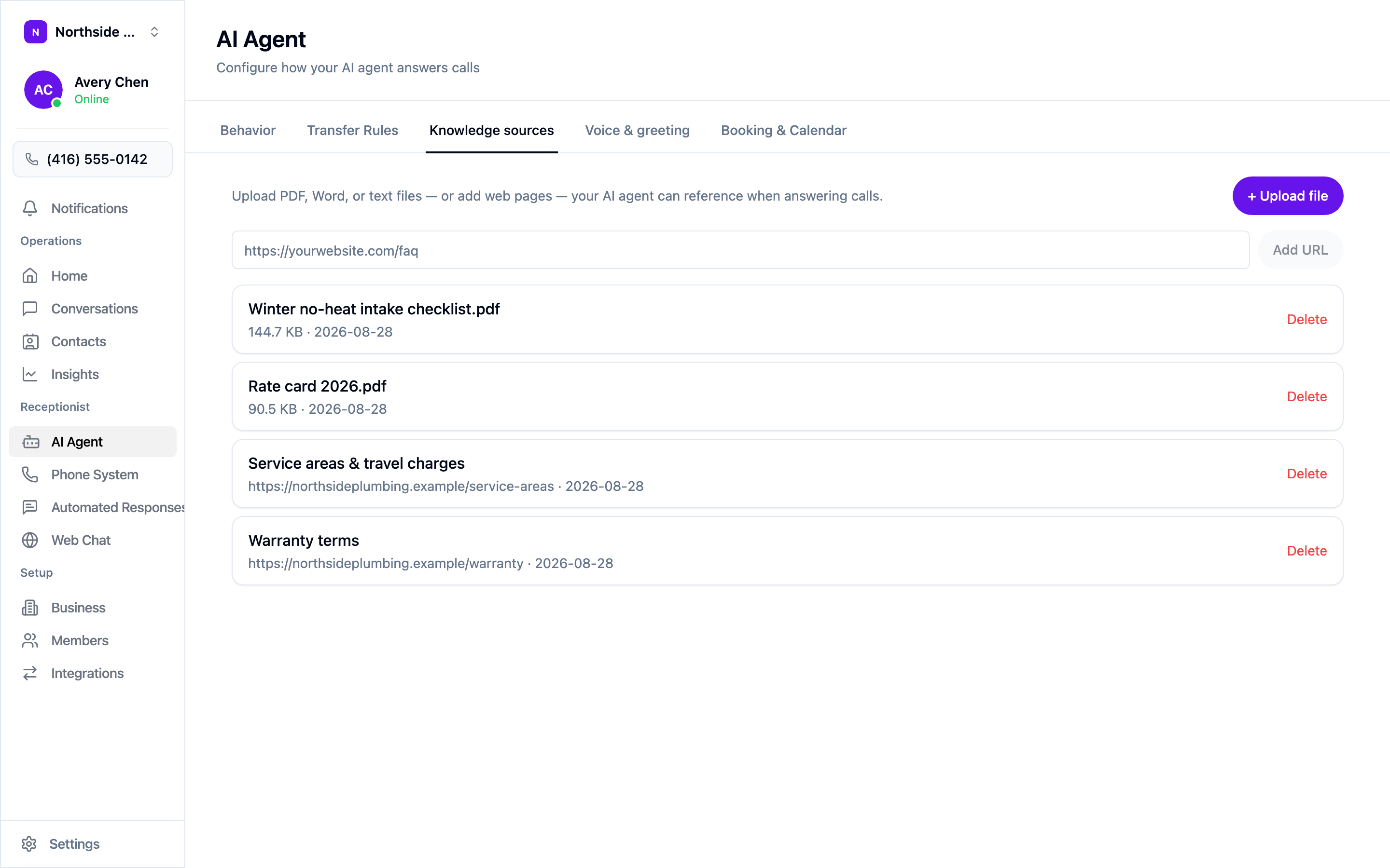 The Knowledge sources tab, showing uploaded files and linked pages