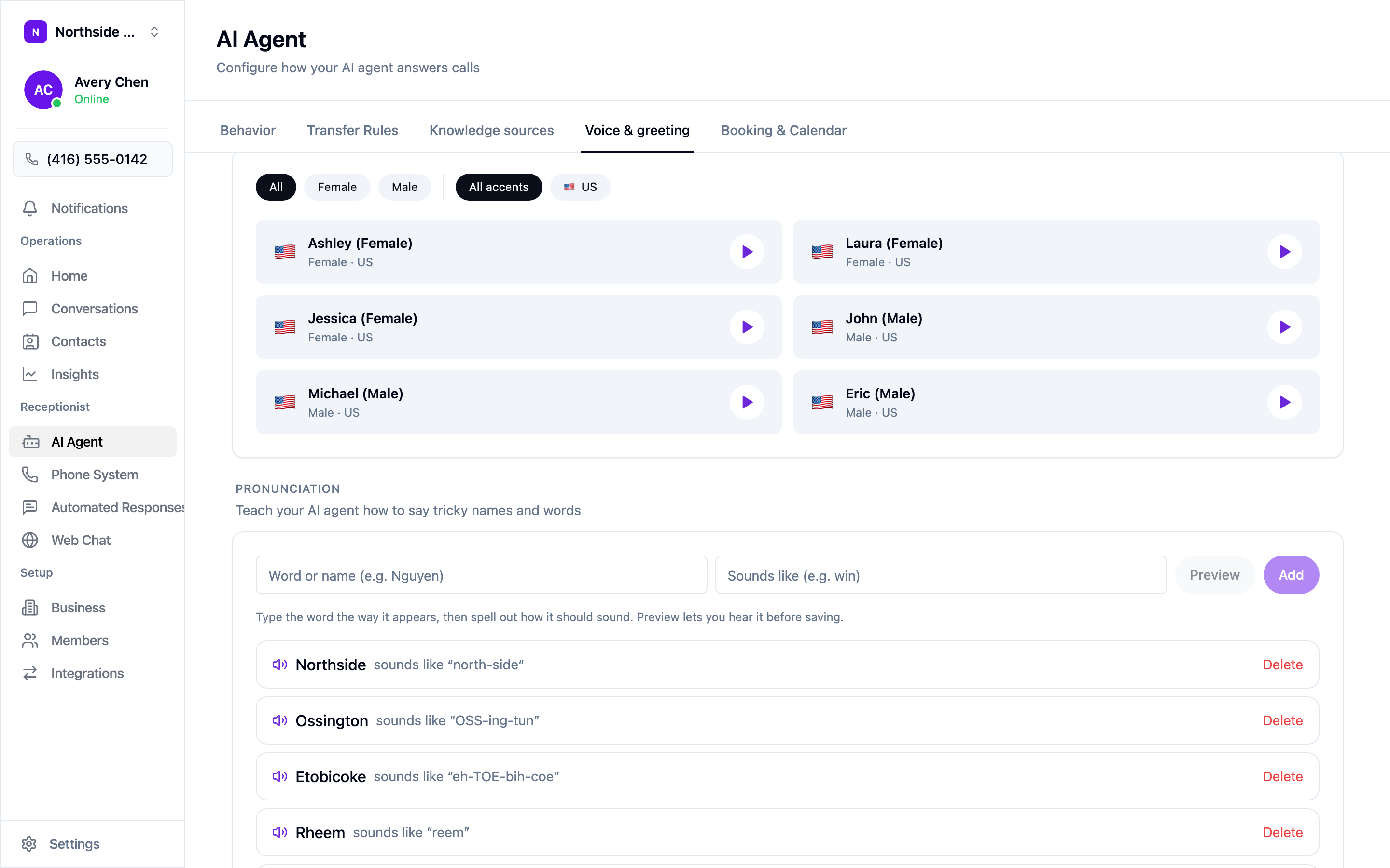 The Pronunciation section on the Voice and greeting tab