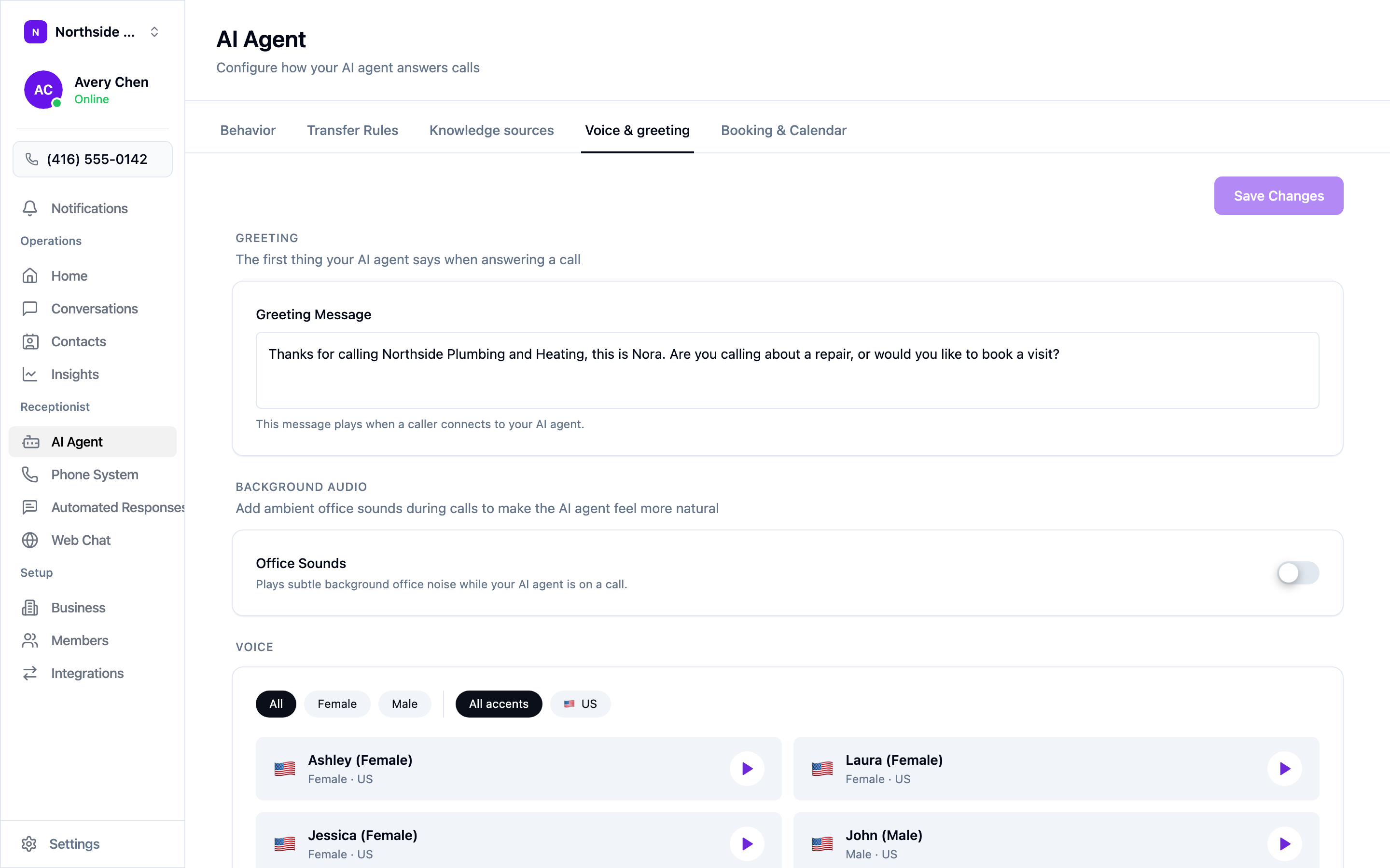 The Voice and greeting tab, showing the greeting message and voice picker