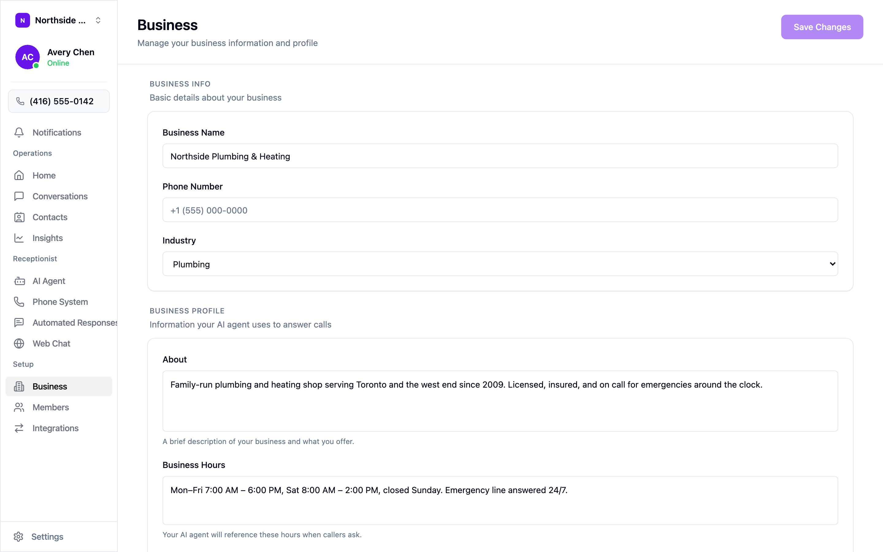 The Business settings screen
