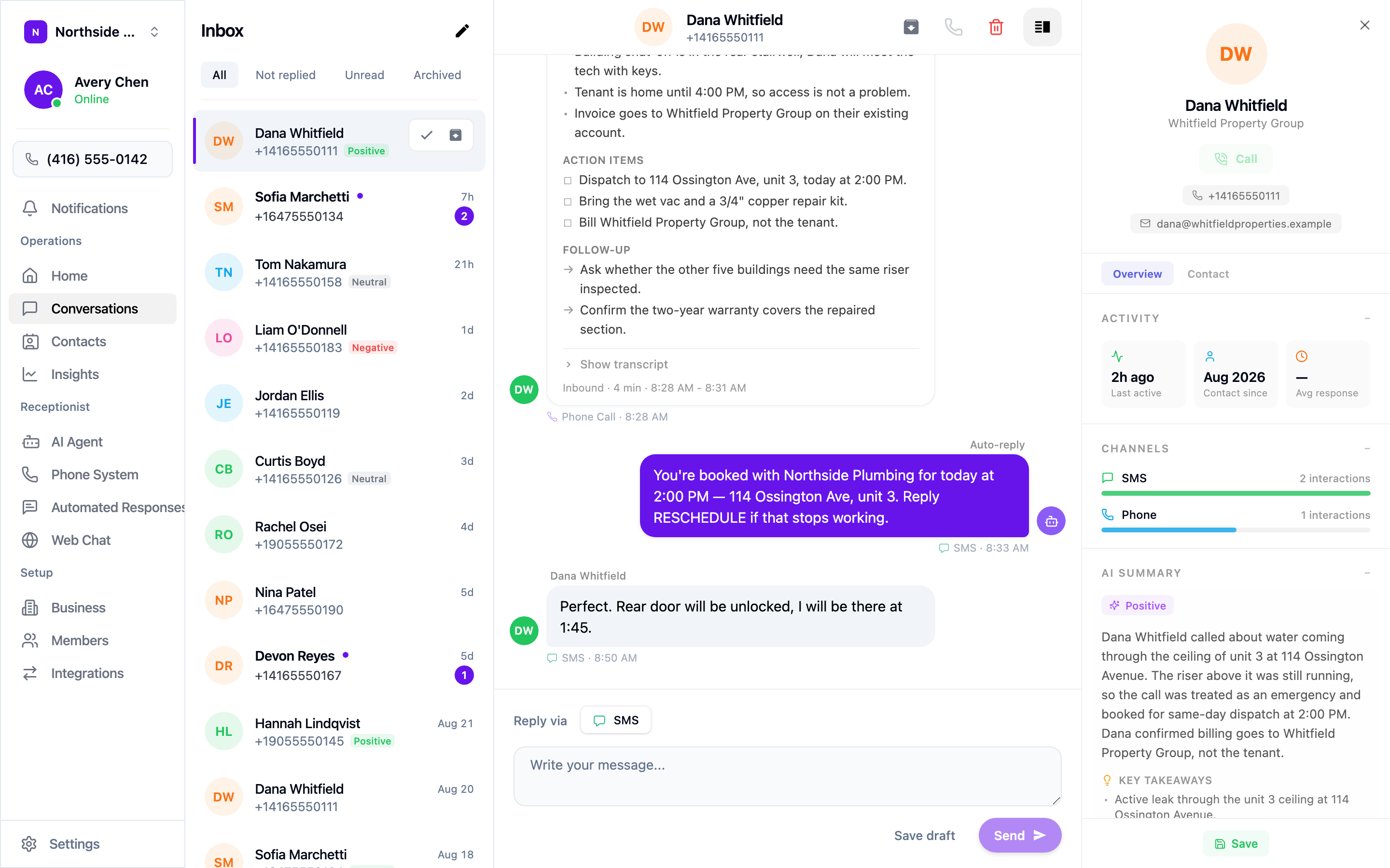 A conversation, showing the AI summary, action items, and contact panel