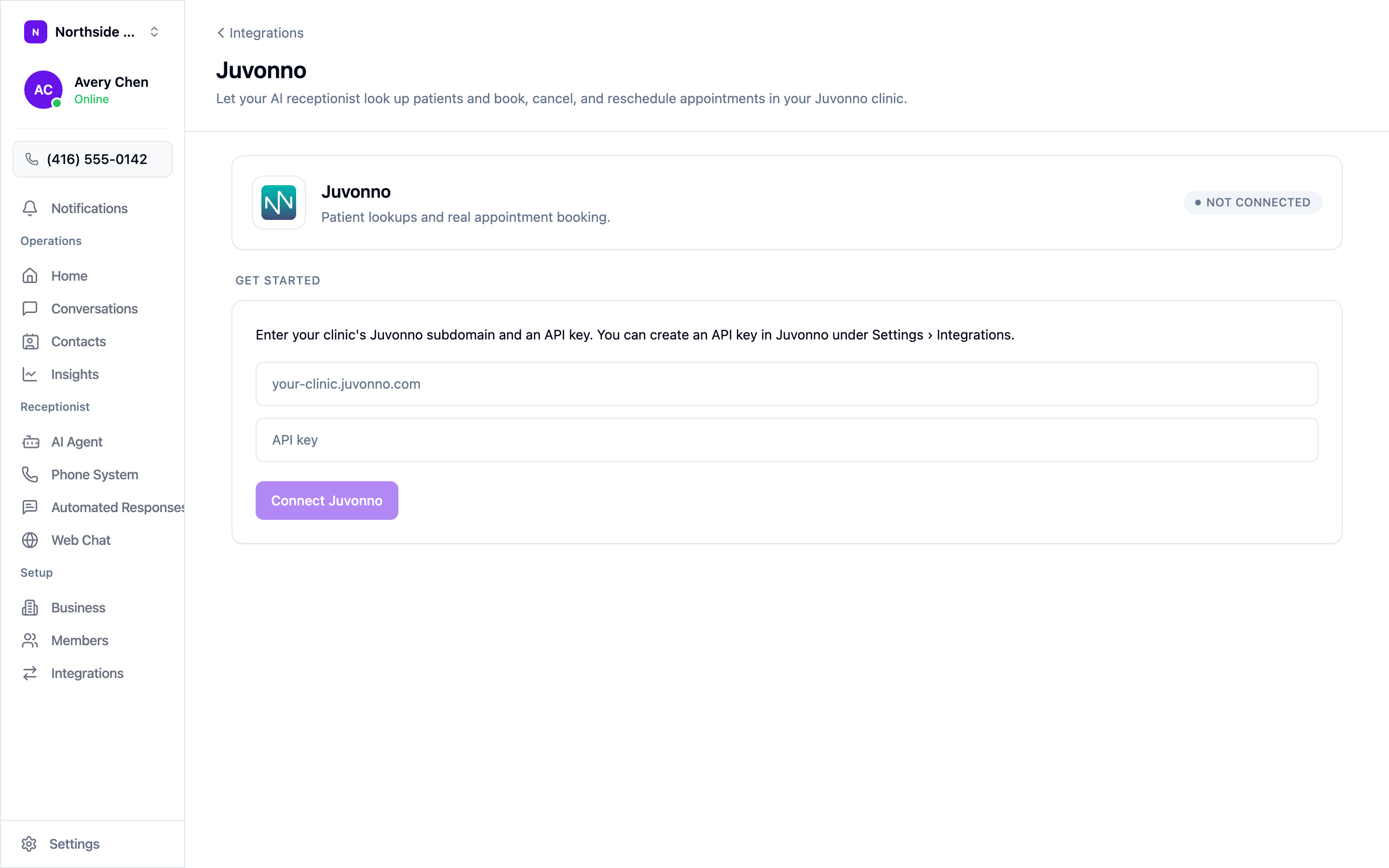 The Juvonno integration screen, not yet connected