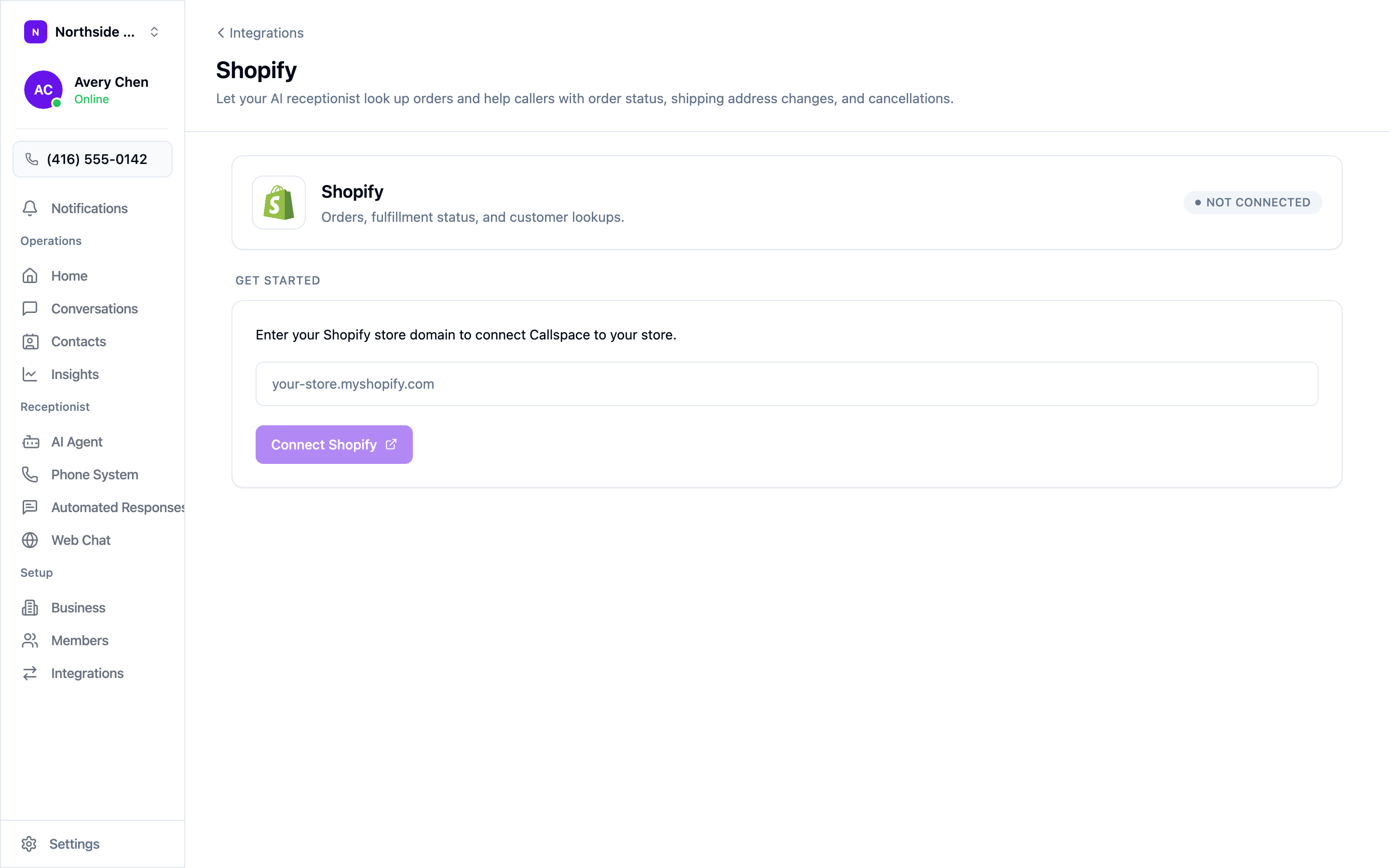 The Shopify integration screen, not yet connected