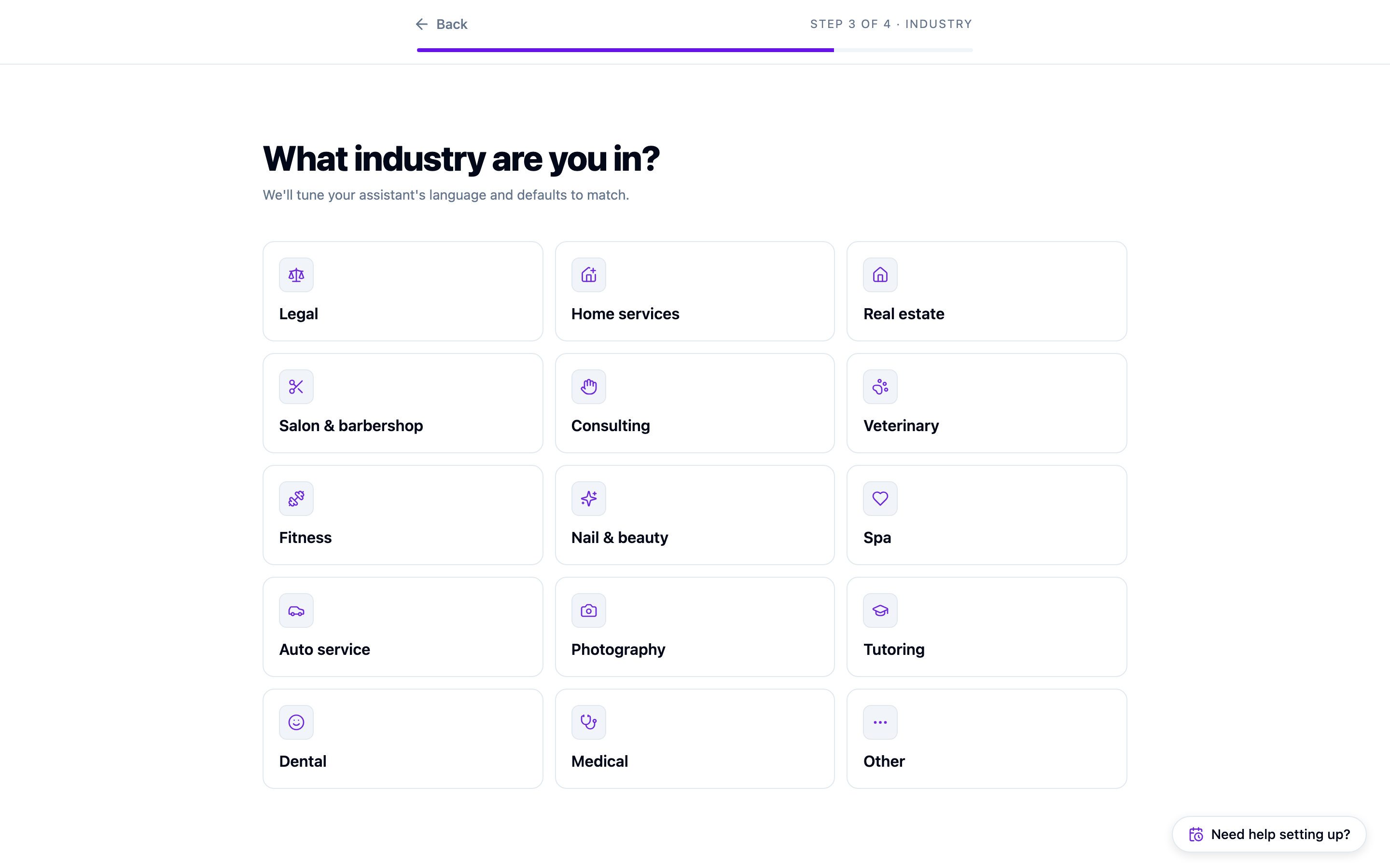 The industry step, showing a grid of business types