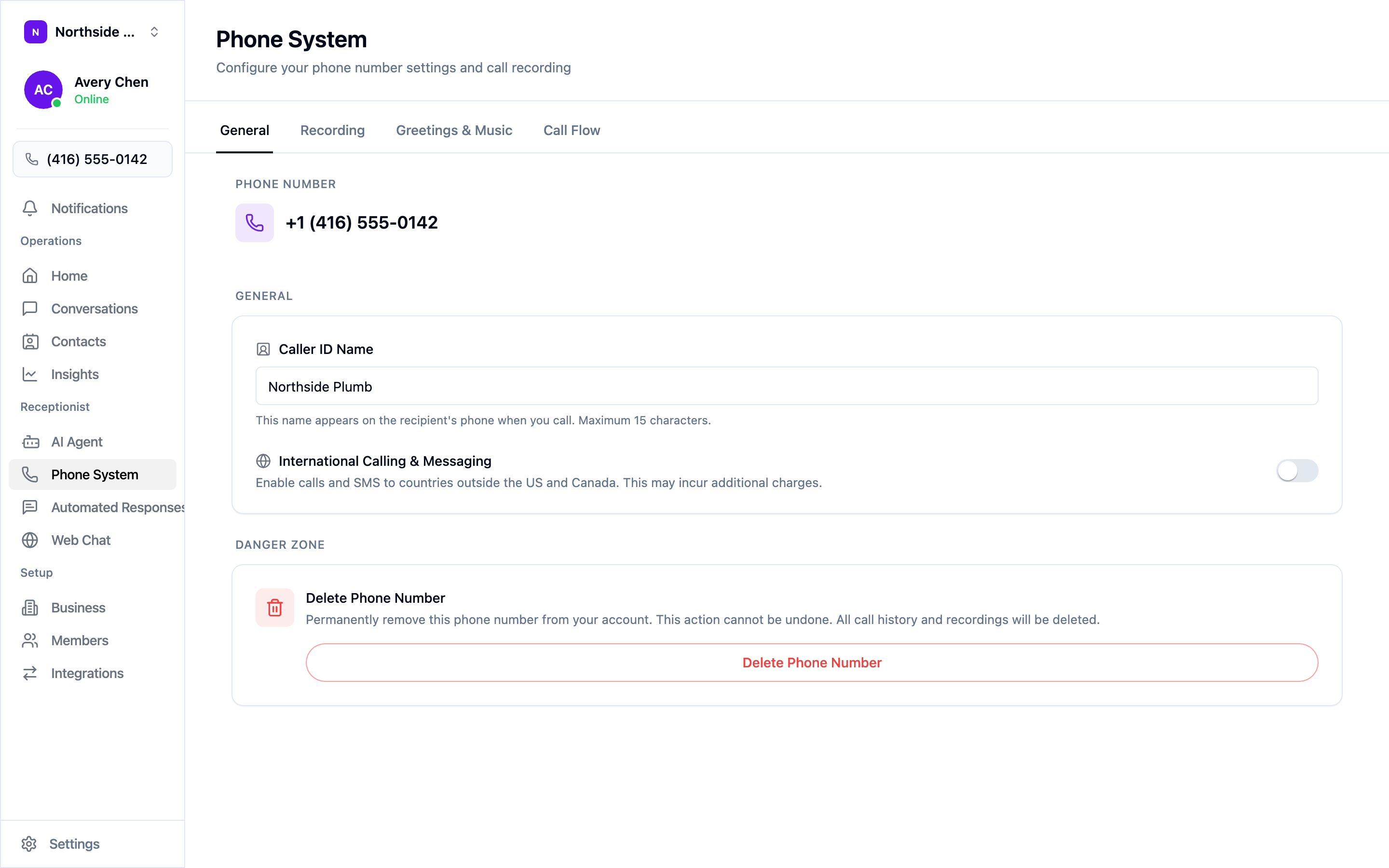 The Phone System settings, General tab