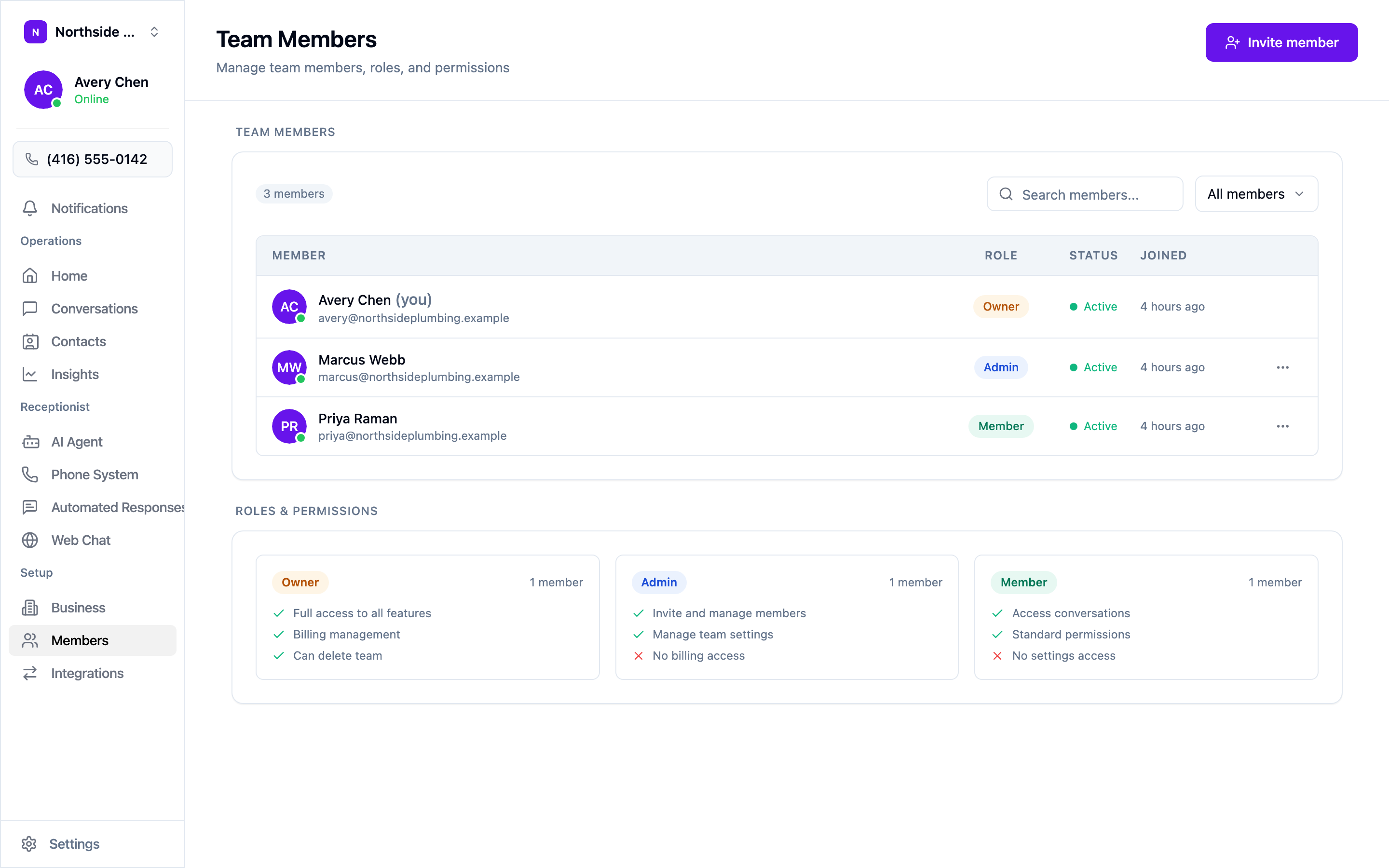 The Team Members screen, showing members and role permissions