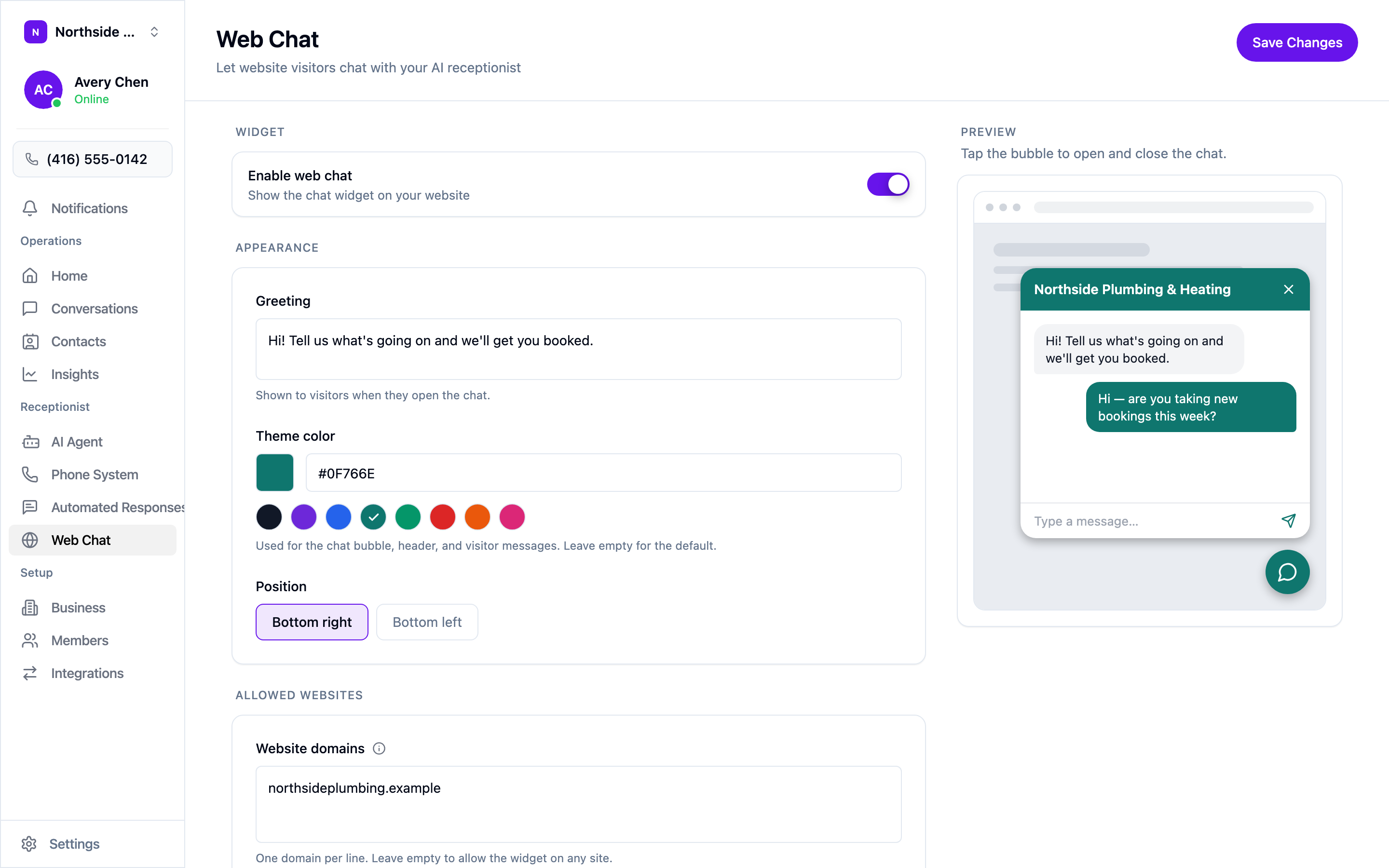 The Web Chat settings screen, with the live preview beside it