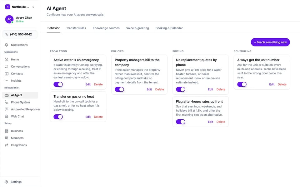 The AI agent’s behaviour rules as cards grouped under escalation, policies, pricing, and scheduling, each with its own on/off switch.