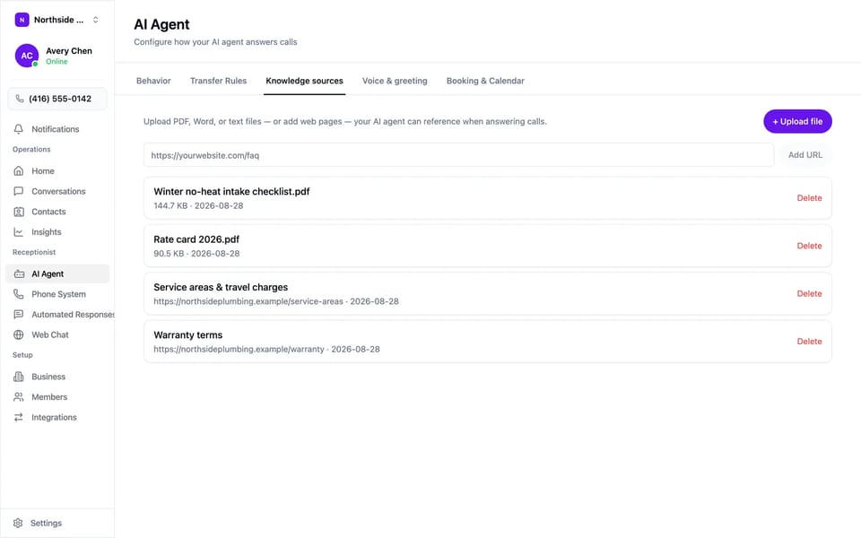 The AI agent’s knowledge sources: uploaded PDFs and crawled web pages the agent answers from.