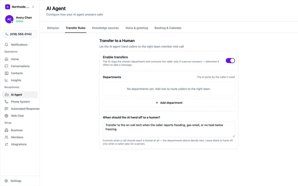 The AI agent’s transfer settings: transfers enabled, a list of departments, and a plain-English rule for when to hand a call to a person.