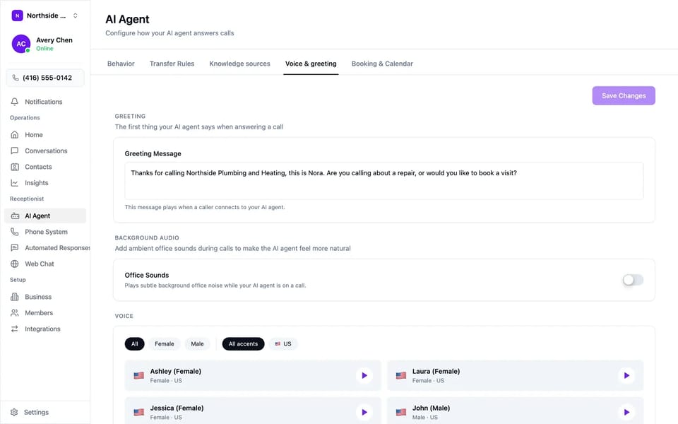 The AI agent’s voice and greeting settings: the written greeting, a background office-sounds option, and a filterable voice library.