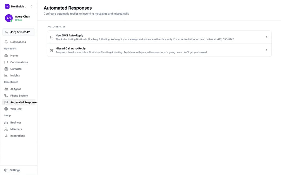 The automated responses screen with a new-SMS auto-reply and a missed-call auto-reply written in the business’s own words.