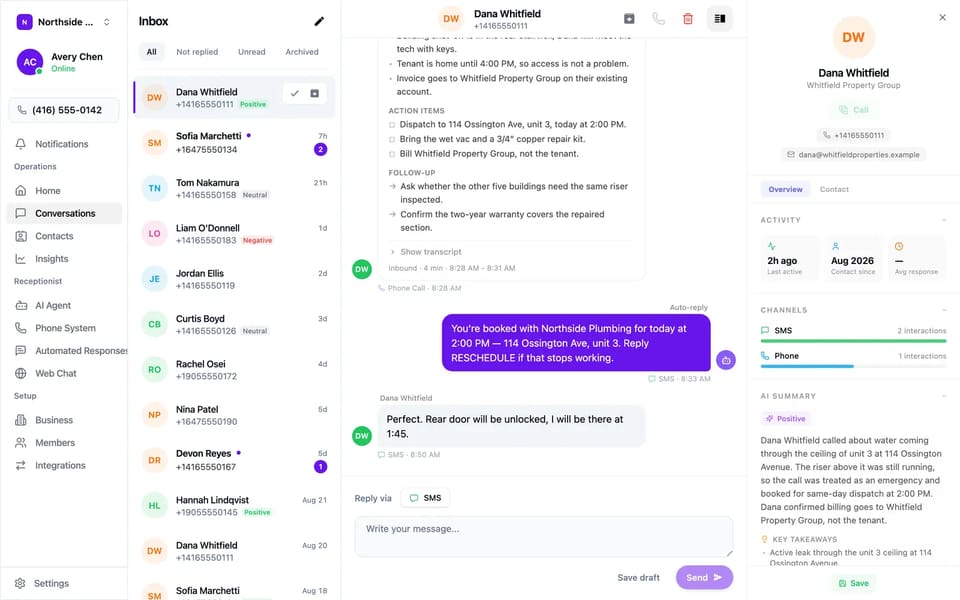 A Callspace conversation: the call summary with action items and follow-ups, the auto-reply text confirming the booking, and the caller’s contact panel.