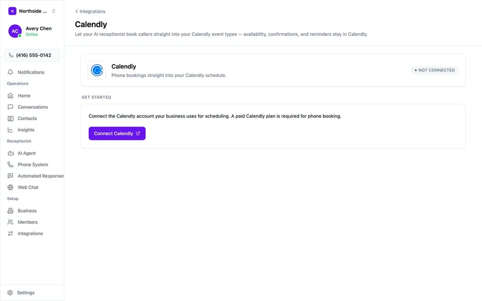 The Calendly page in Callspace integrations settings, with a Connect Calendly button.