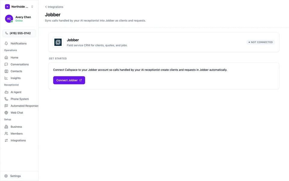 The Jobber page in Callspace integrations settings, with a Connect Jobber button.