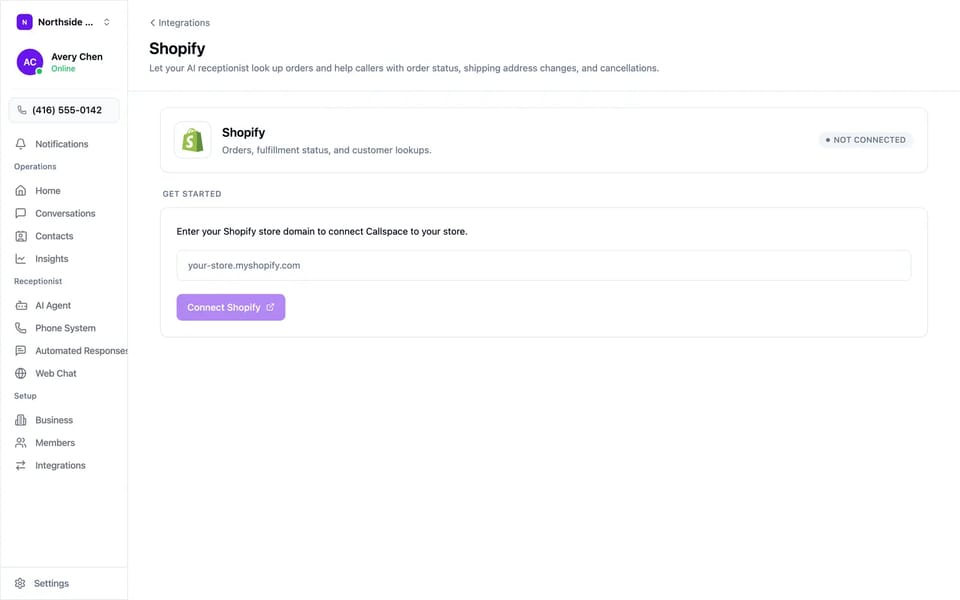 The Shopify page in Callspace integrations settings, with a store domain field and a Connect Shopify button.