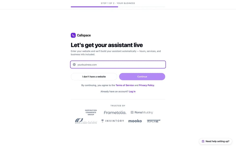 The Callspace onboarding screen asking for a business website so the assistant can be built from it.