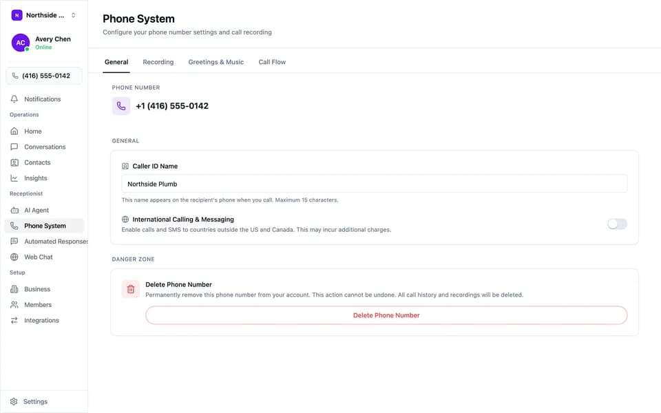 The phone system settings: the business number, outbound caller ID name, and tabs for recording, greetings and music, and call flow.