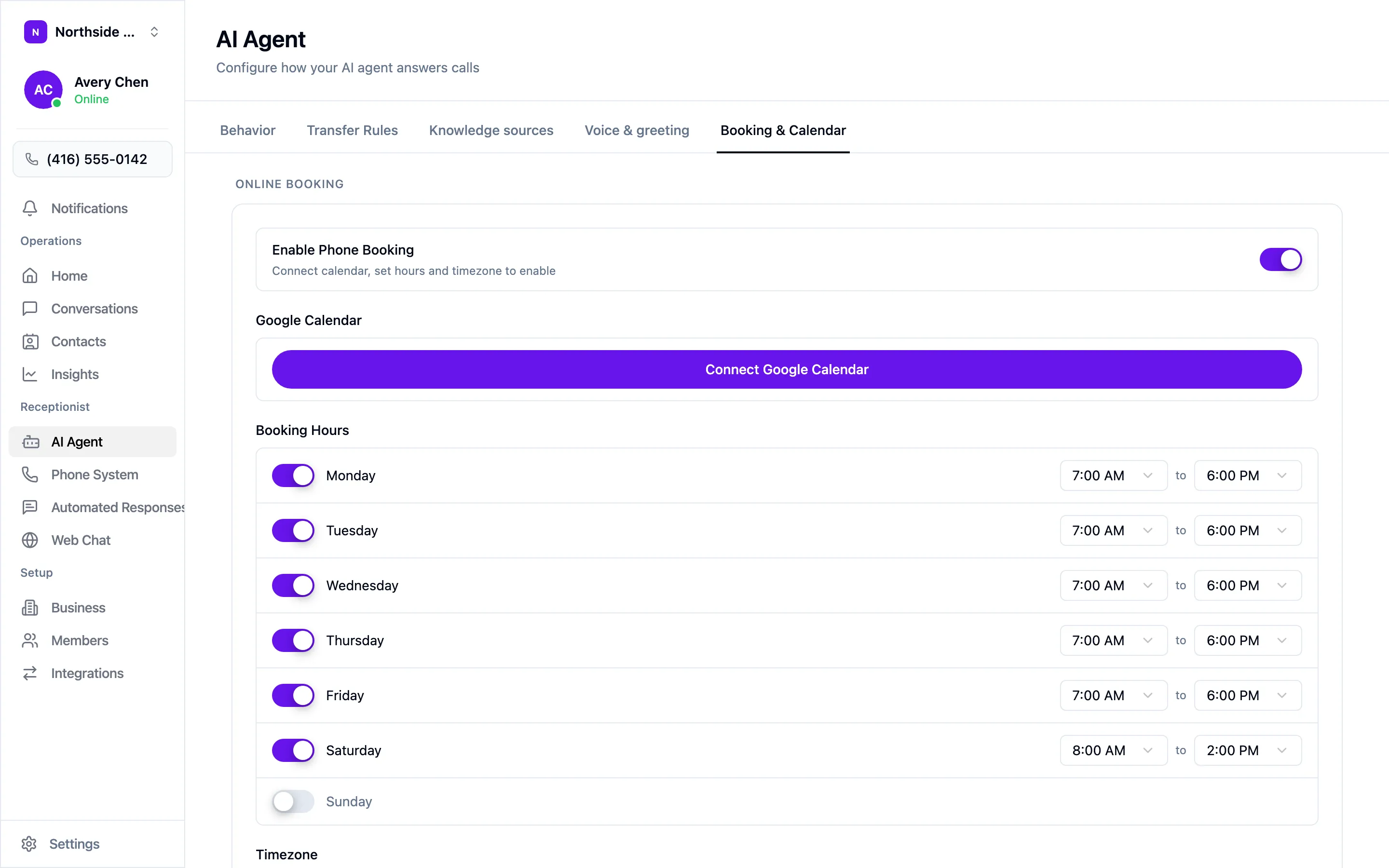 The Booking and Calendar tab, with Google Calendar not yet connected