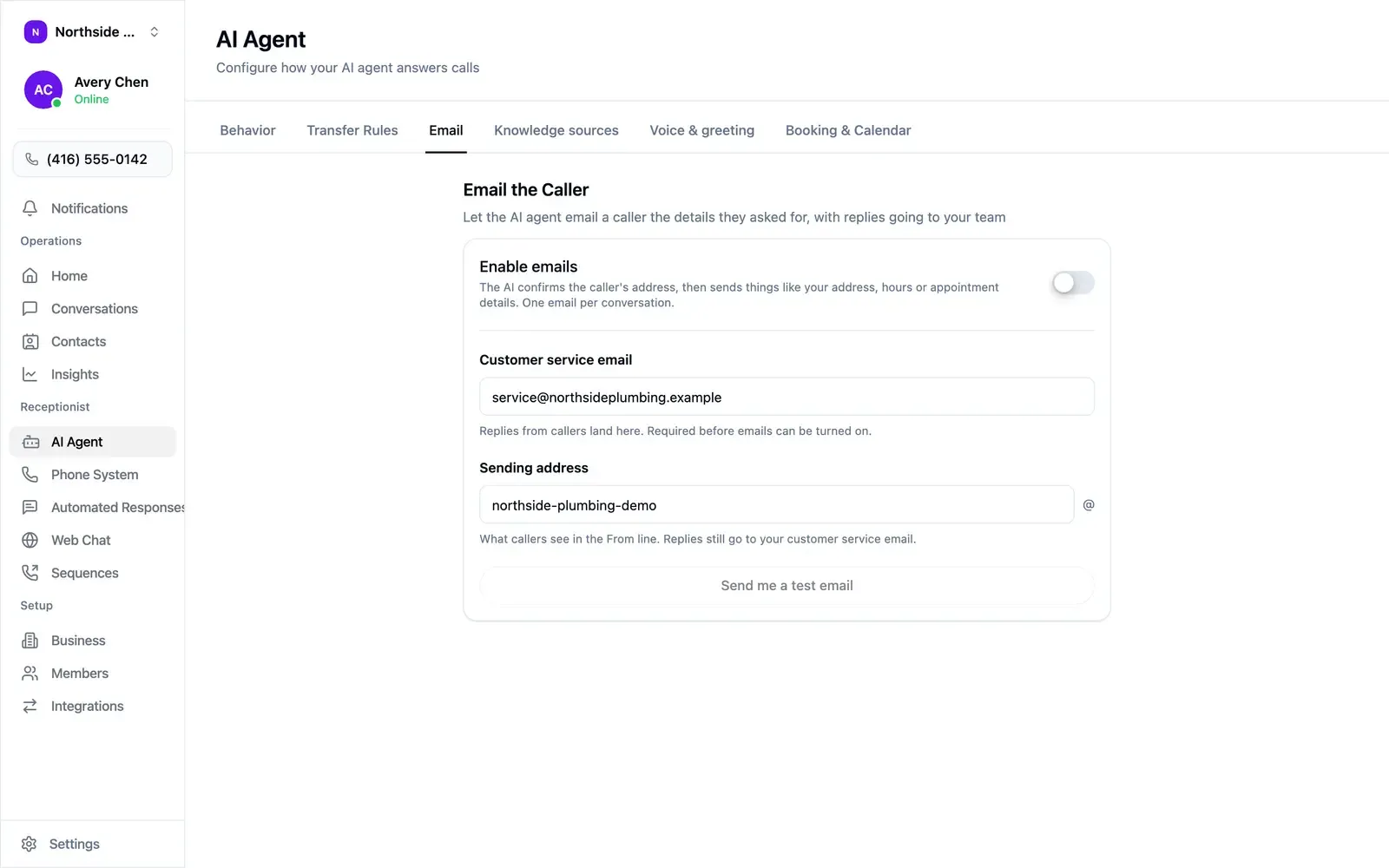 The Email tab, showing the customer service email and sending address