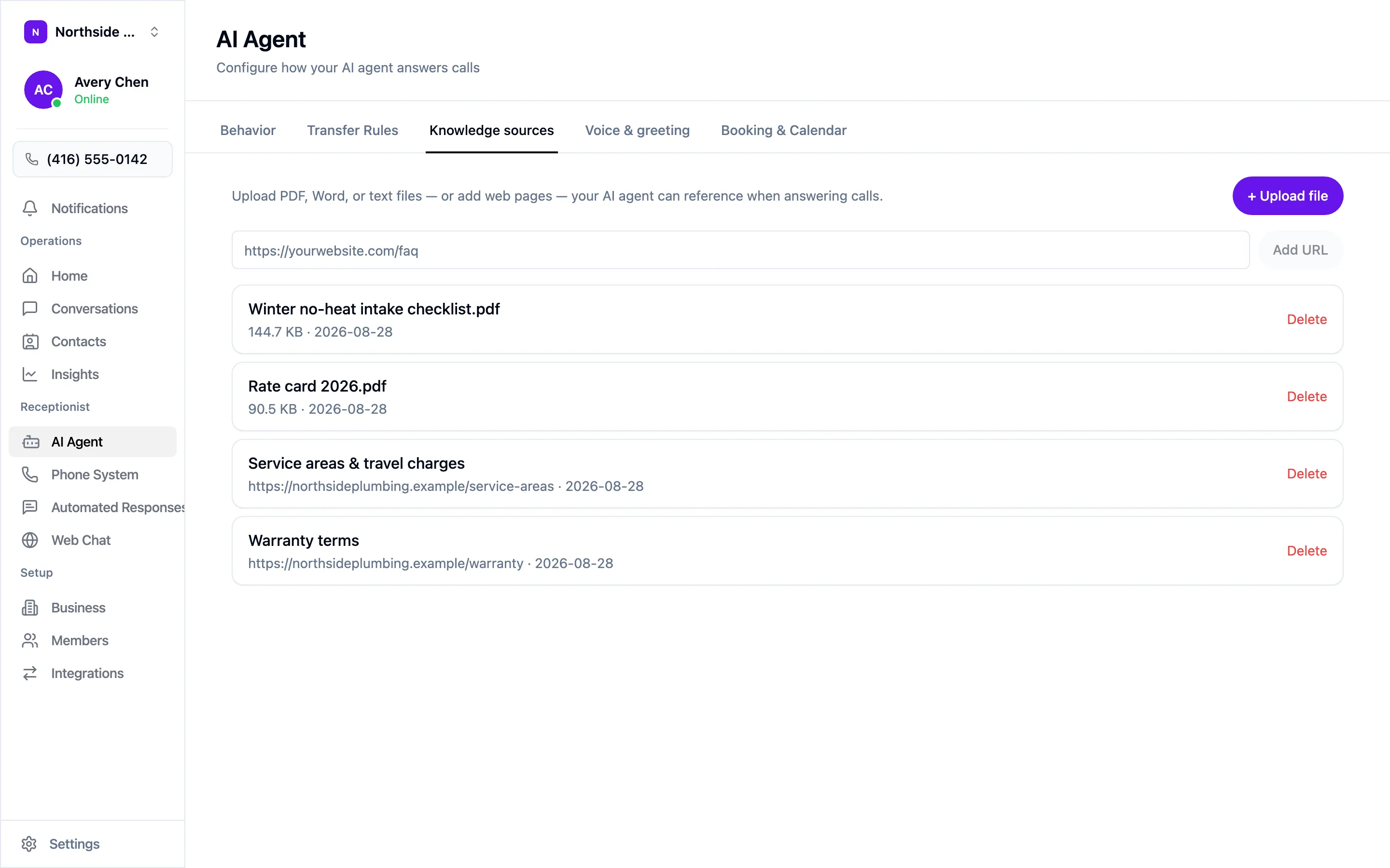 The Knowledge sources tab, showing uploaded files and linked pages