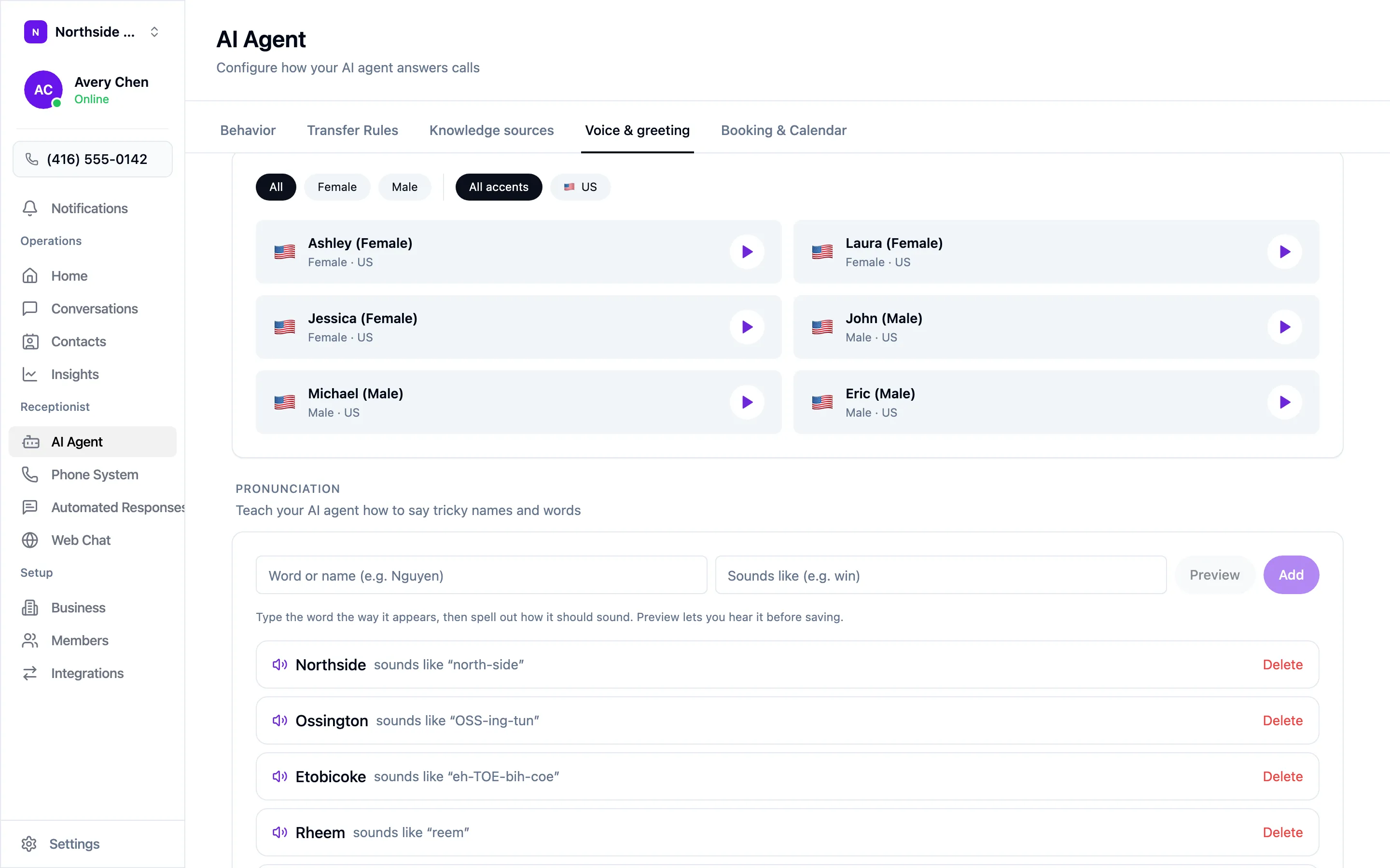 The Pronunciation section on the Voice and greeting tab