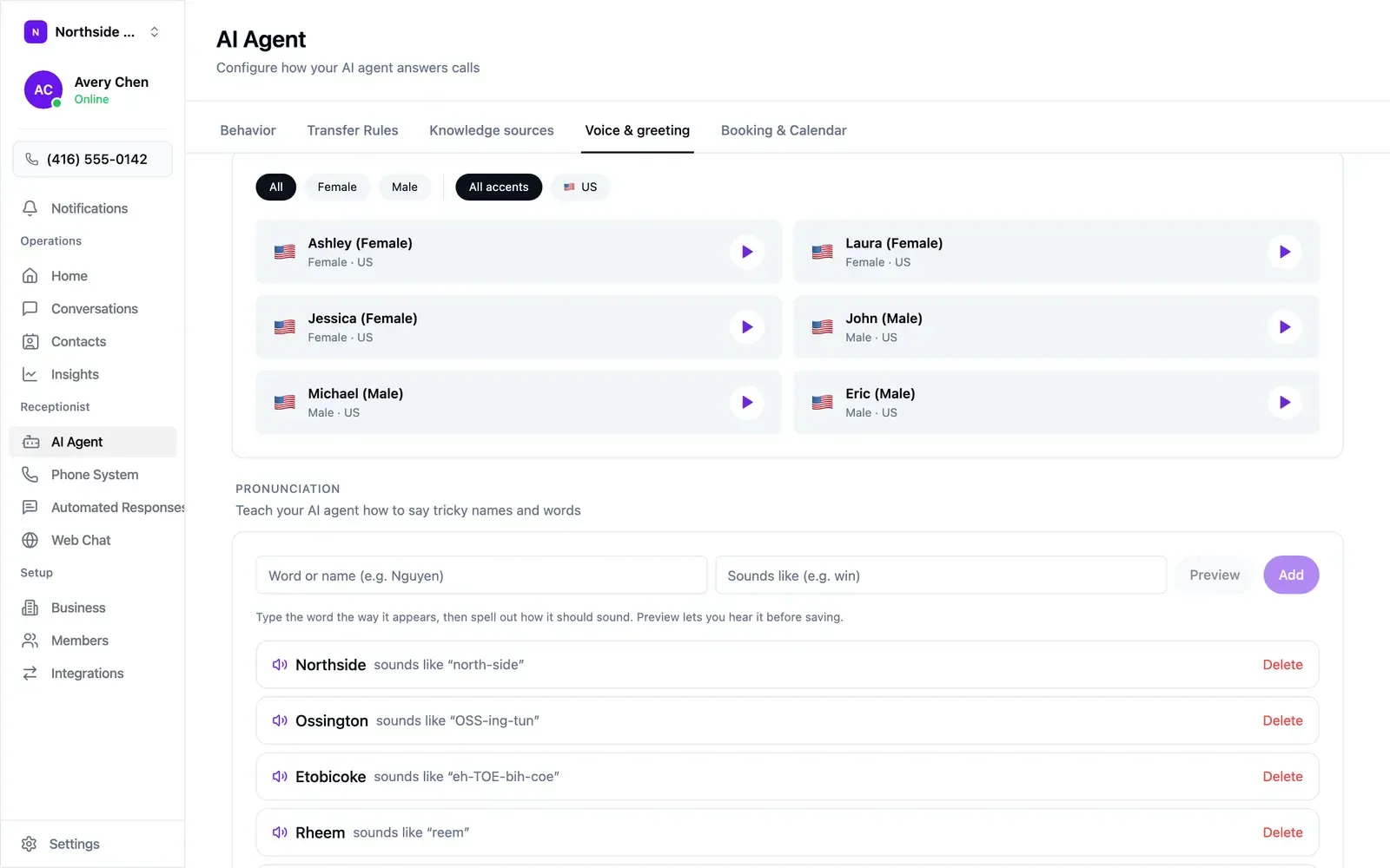 The Pronunciation section on the Voice and greeting tab