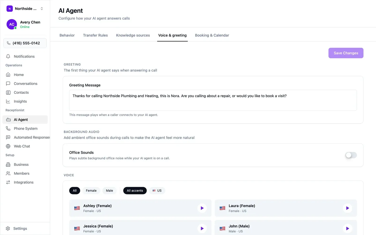 The Voice and greeting tab, showing the greeting message and voice picker