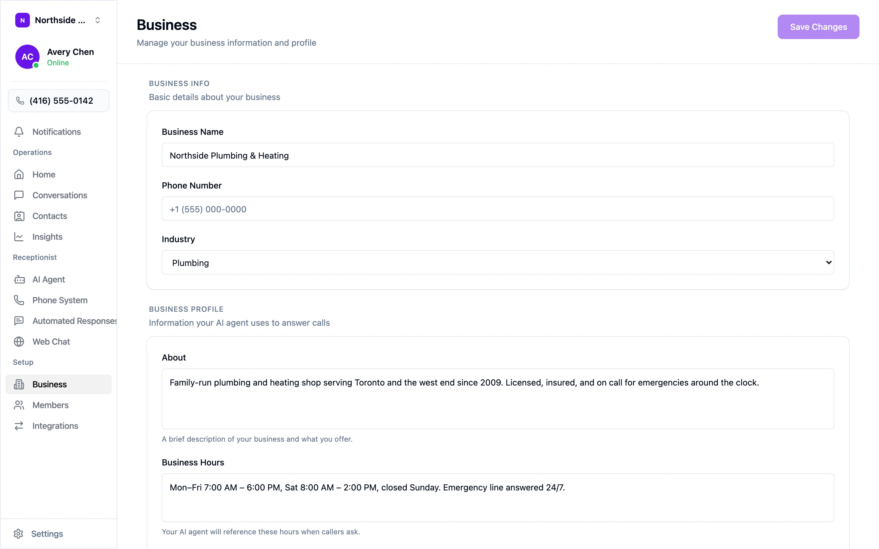 The Business settings screen