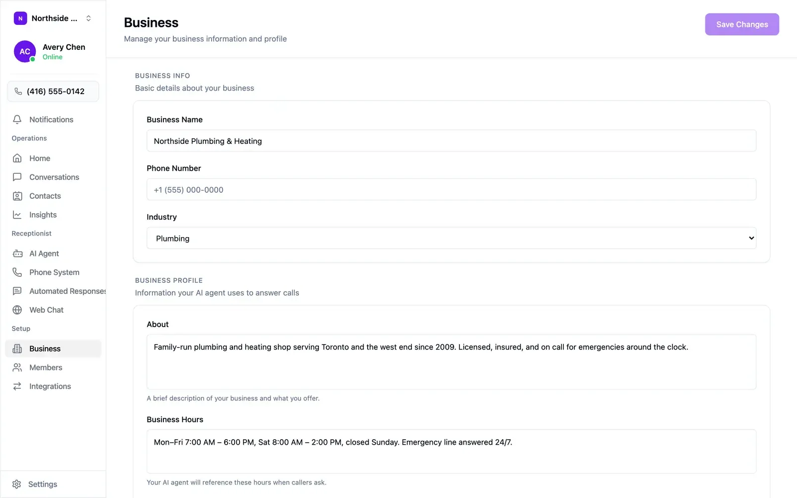 The Business settings screen