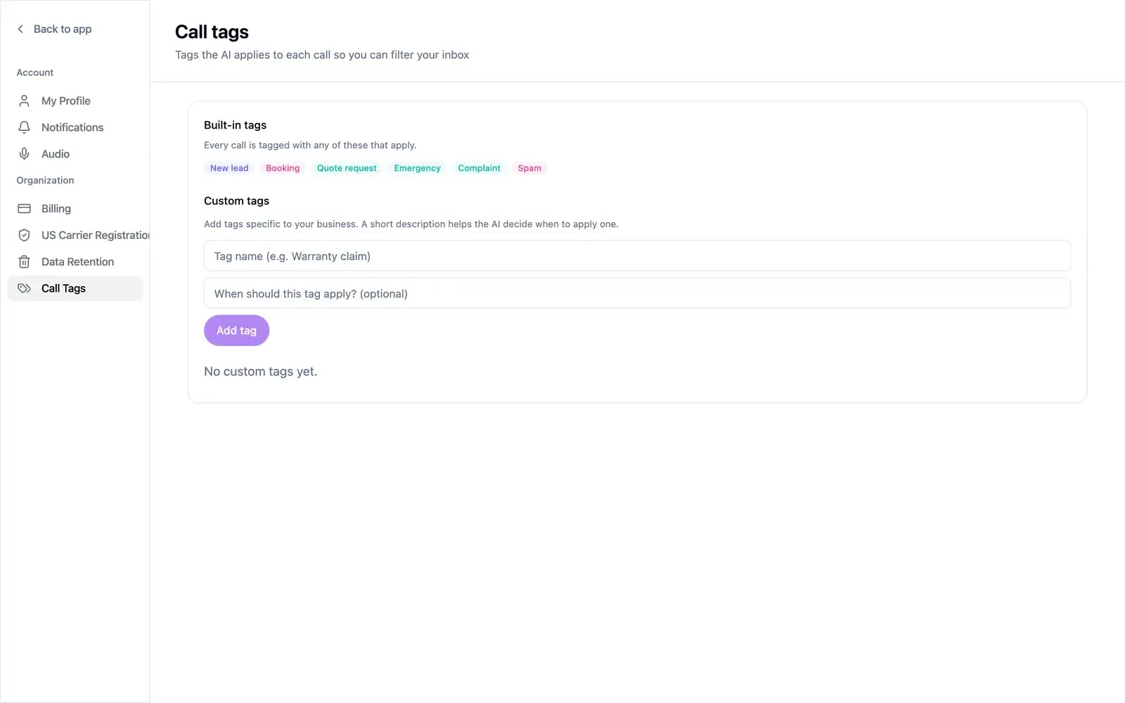 The Call Tags screen, showing built-in tags and the custom tag form