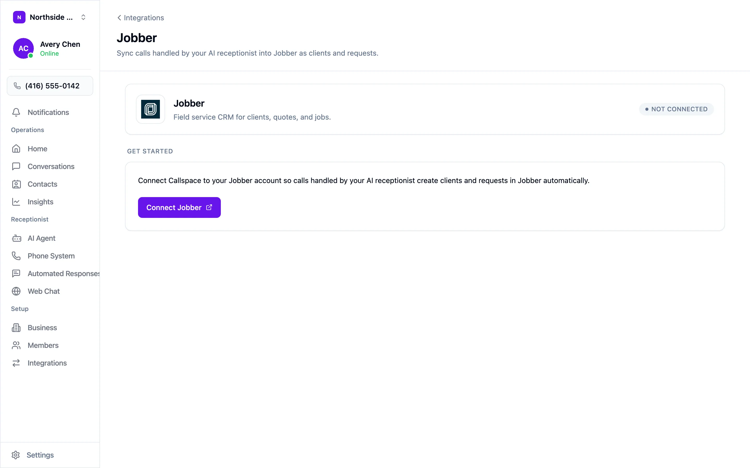 The Jobber integration screen, not yet connected