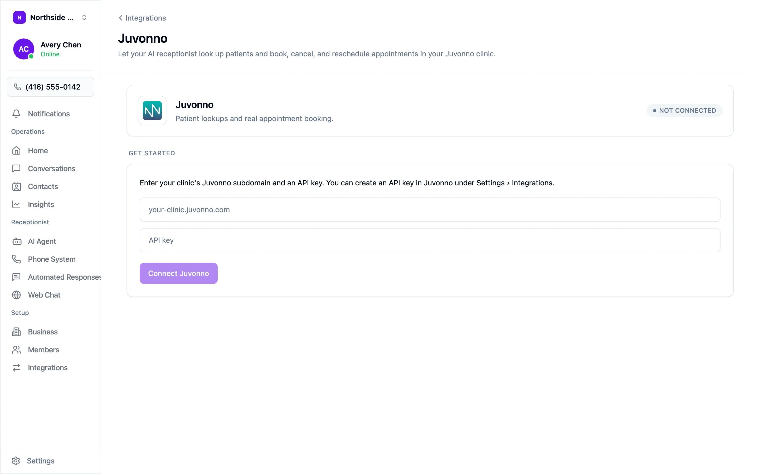 The Juvonno integration screen, not yet connected