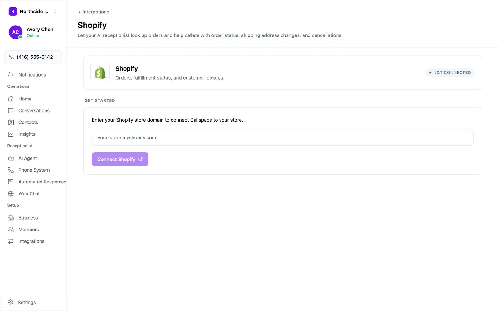 The Shopify integration screen, not yet connected