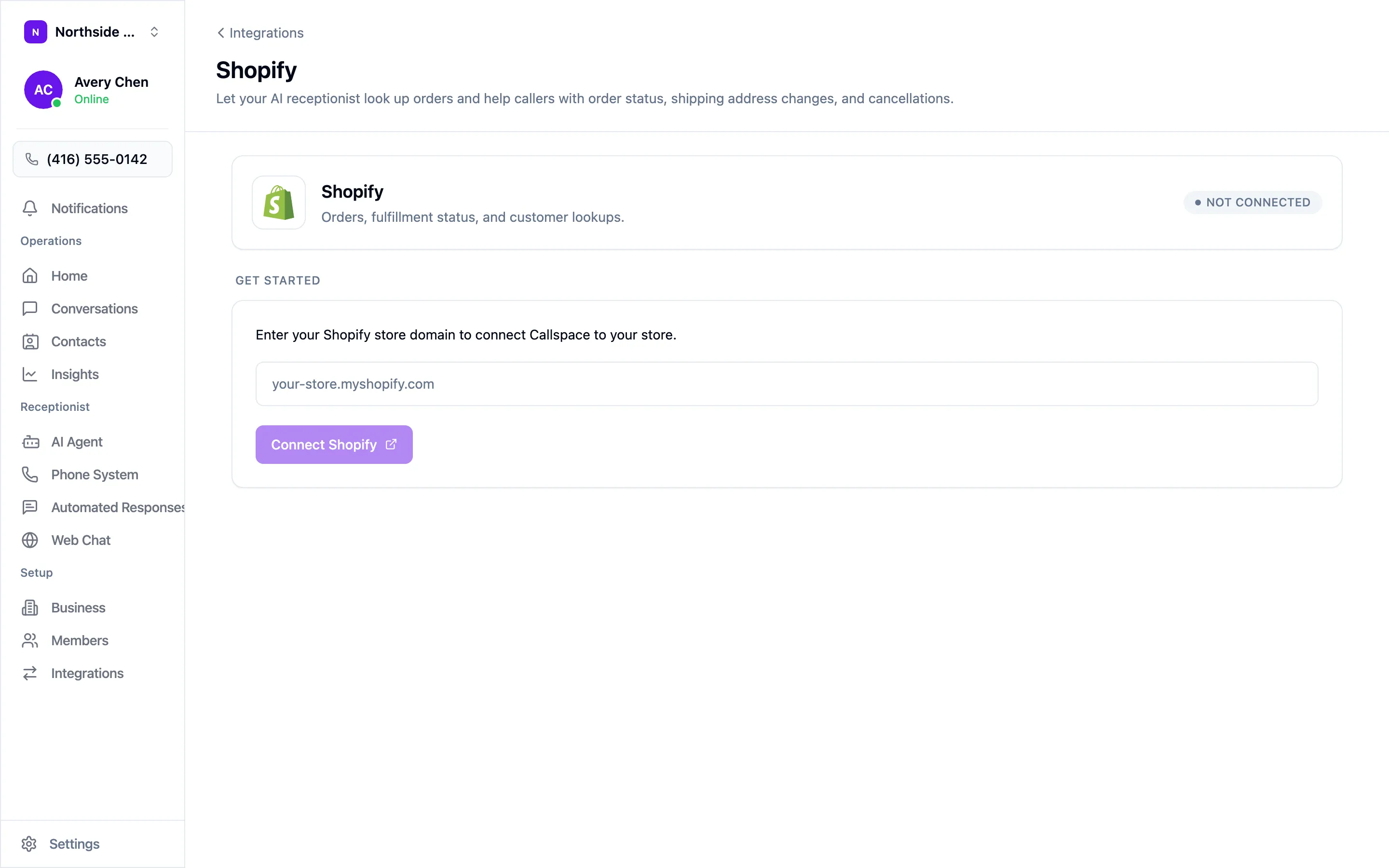 The Shopify integration screen, not yet connected