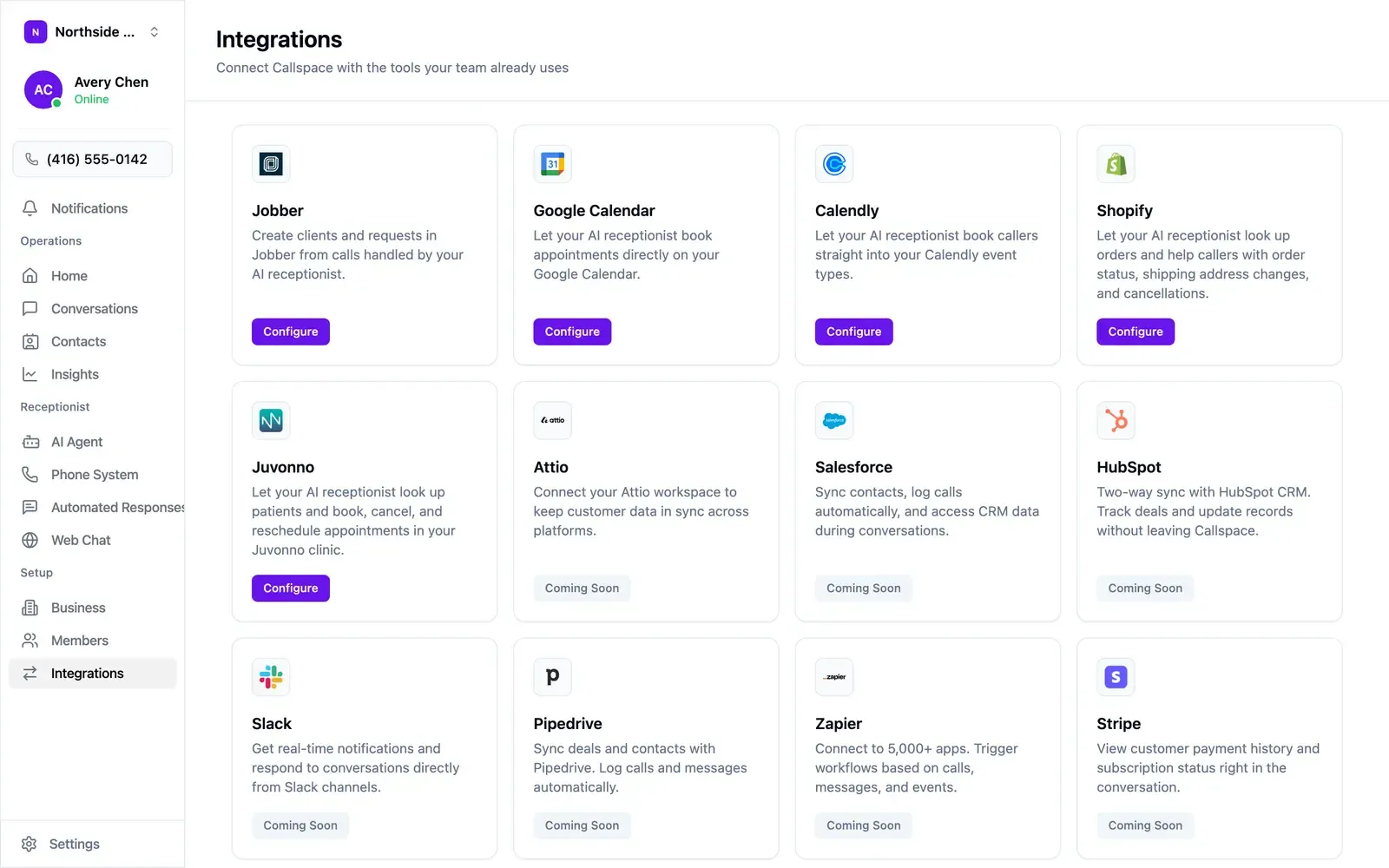 The Integrations screen