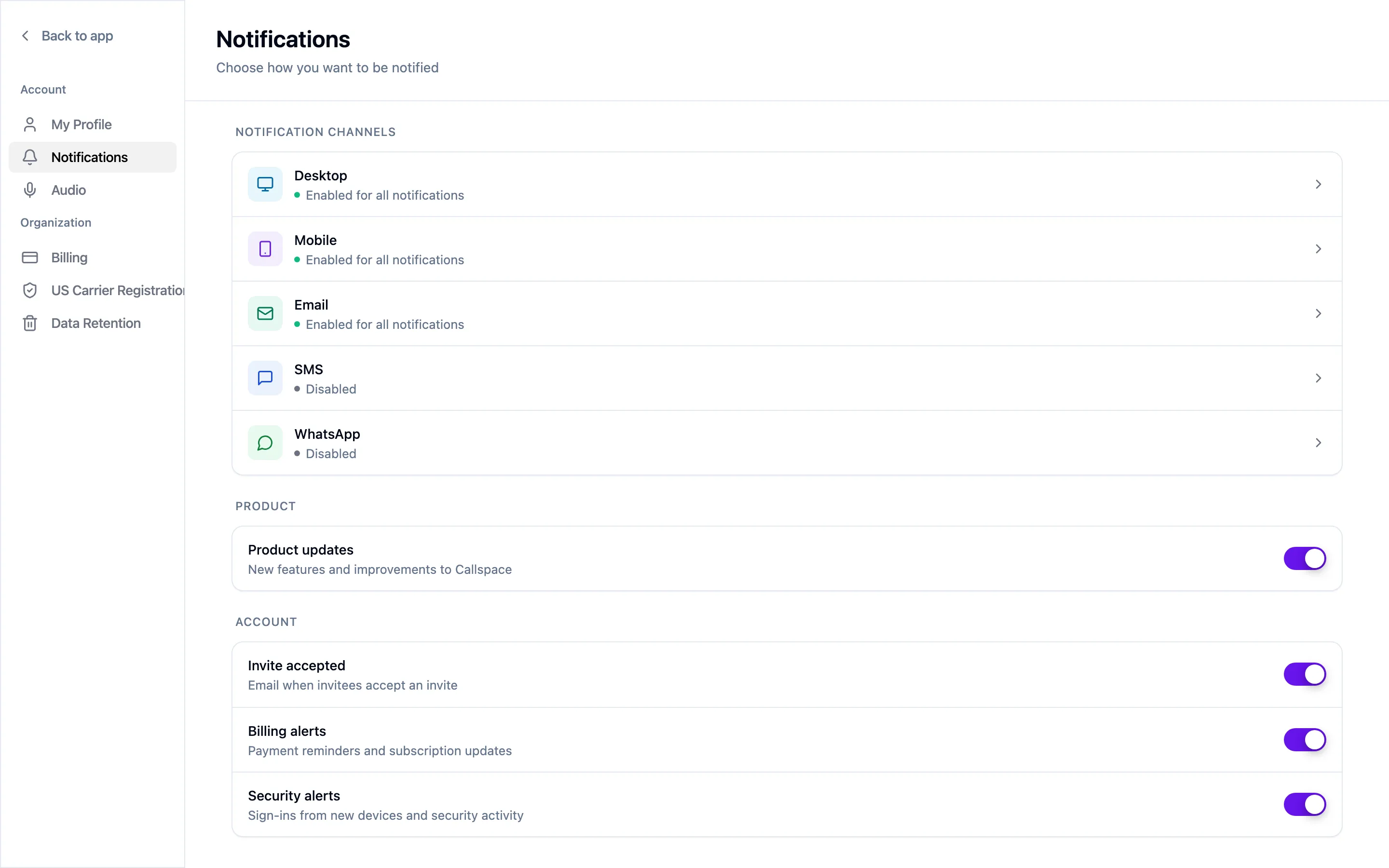 The Notifications settings screen