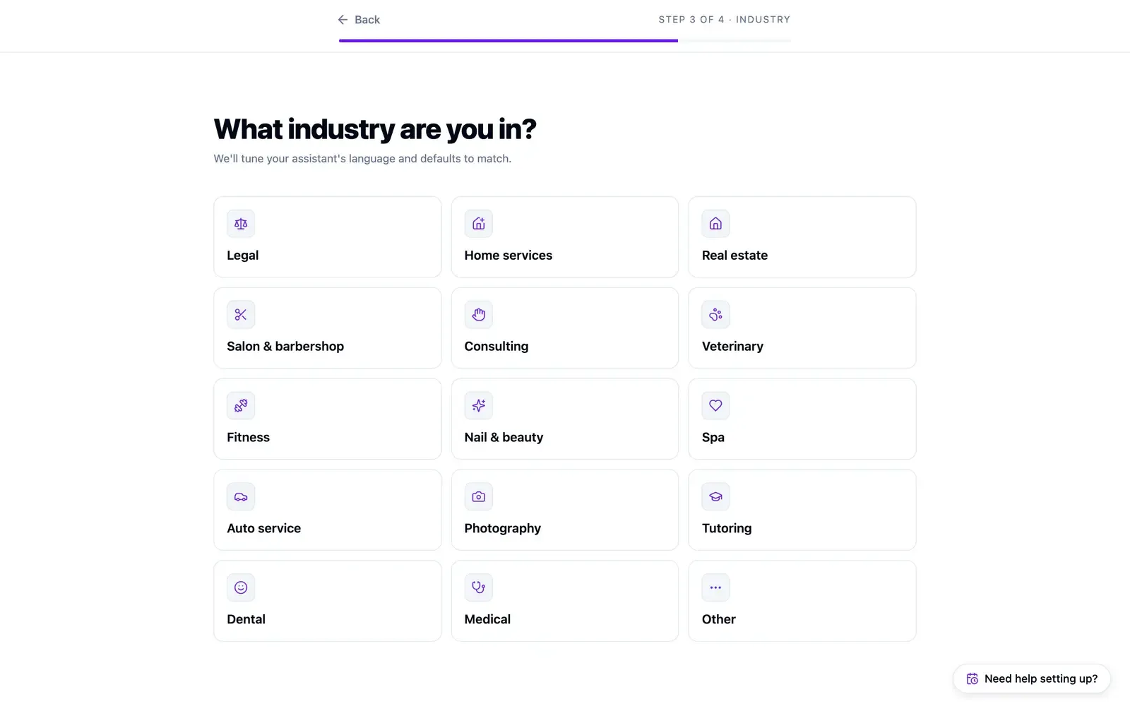The industry step, showing a grid of business types