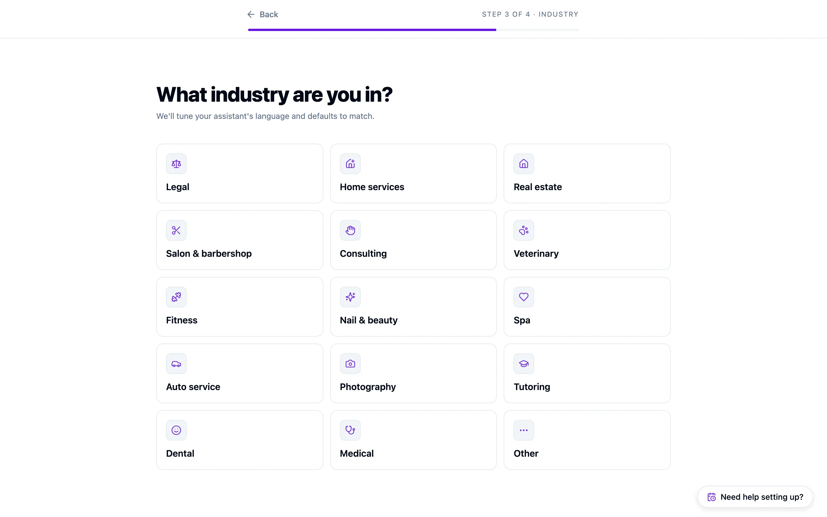 The industry step, showing a grid of business types