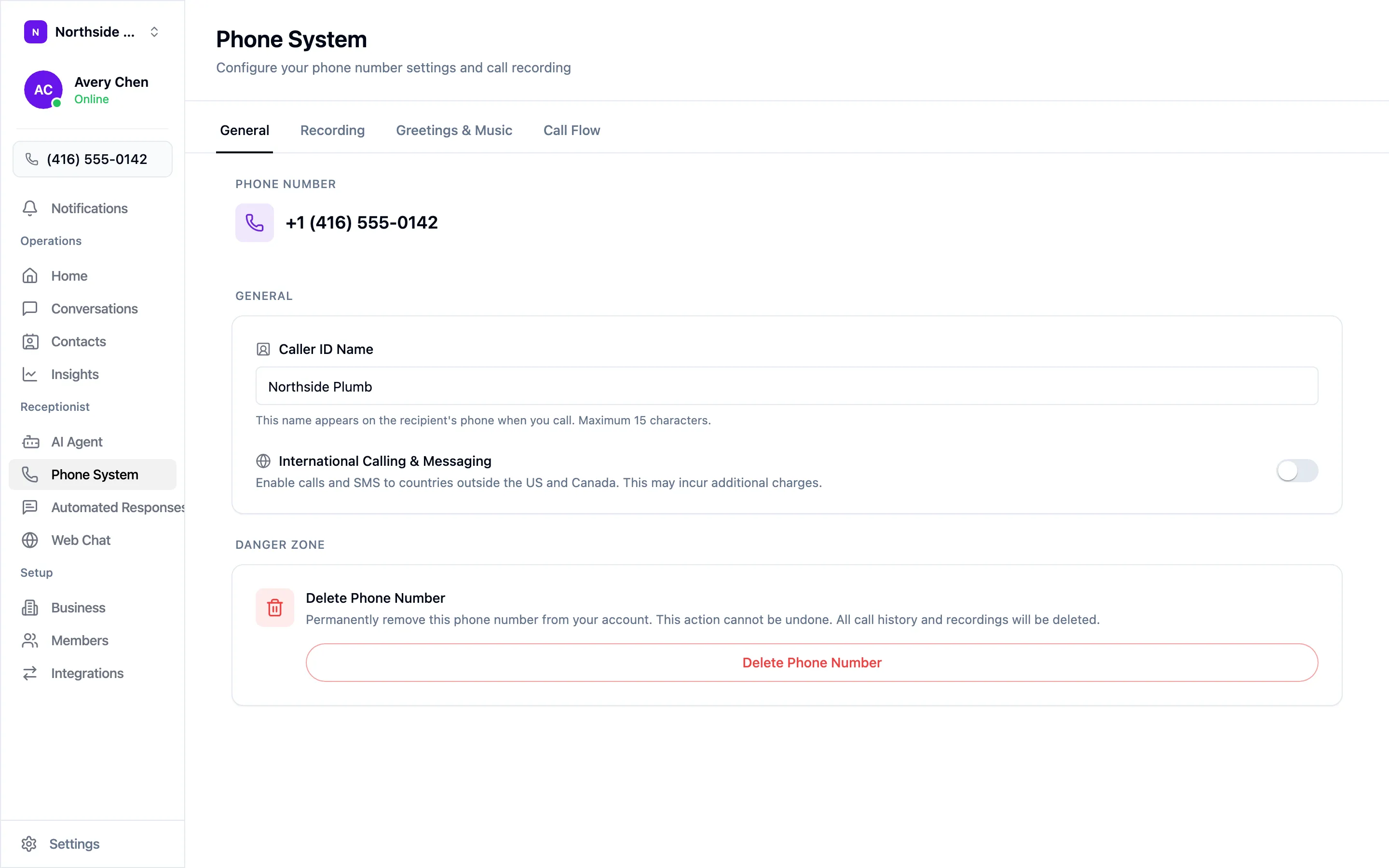 The Phone System settings, General tab