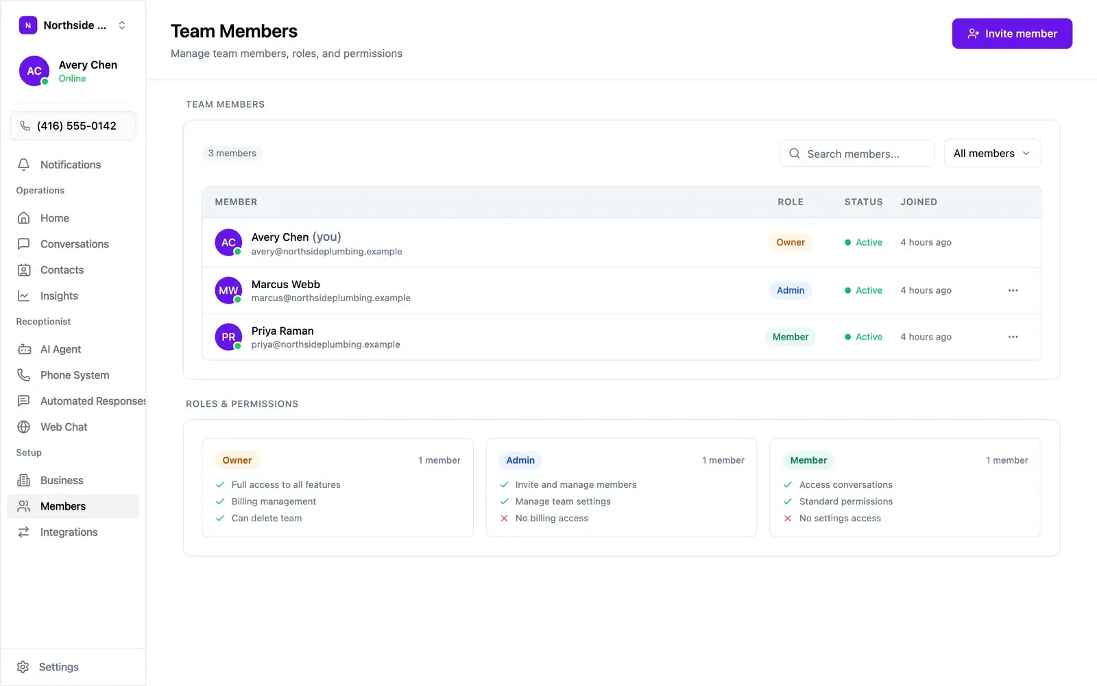 The Team Members screen, showing members and role permissions