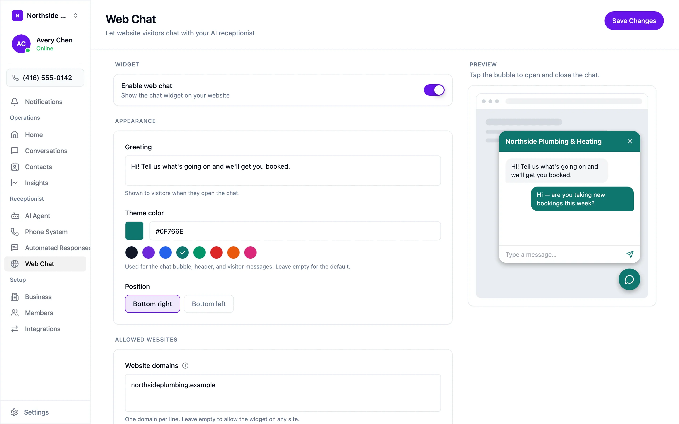 The Web Chat settings screen, with the live preview beside it